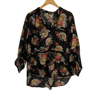 Indulge 2X Sheer Black Floral Blouse Drawstring Waist Pullover V Neck Collared